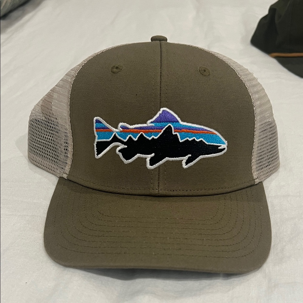 Patagonia Olive Green Trucker Hat with Fish Patch